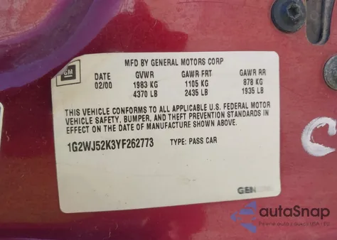 2000 Pontiac Grand Prix Se из США, поврежденный, VIN 1G2WJ52K3YF262773